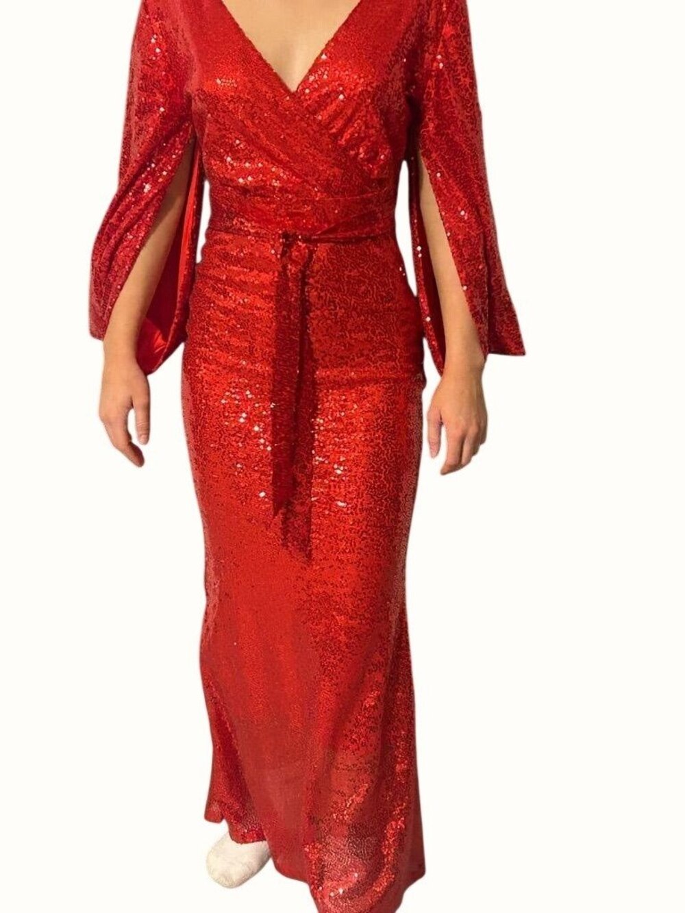 Vintage Dave & Johnny Y2K Red Sparkly Long Sleeve Gown W Wrap Deep V-Back & Tie